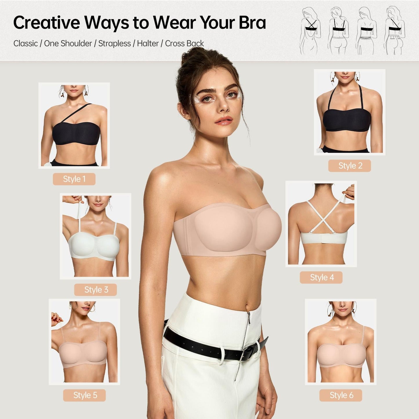 Women's Strapless Push Up Bandeau Bra – Wireless, Padded & Non-Slip
