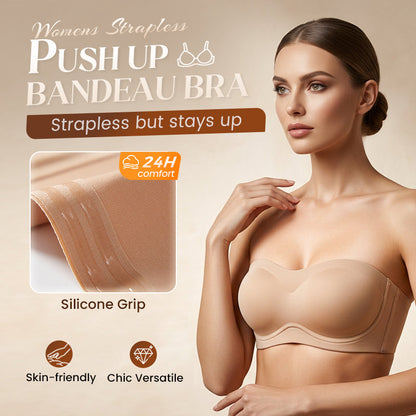 Women's Strapless Push Up Bandeau Bra – Wireless, Padded & Non-Slip