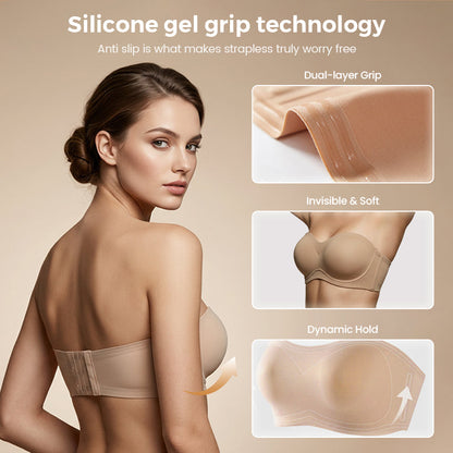 Women's Strapless Push Up Bandeau Bra – Wireless, Padded & Non-Slip