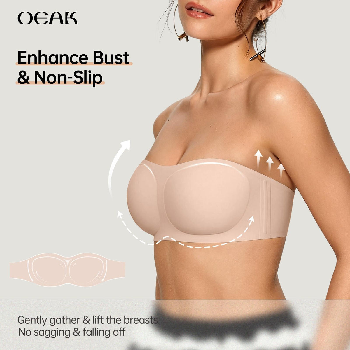 Women's Strapless Push Up Bandeau Bra – Wireless, Padded & Non-Slip