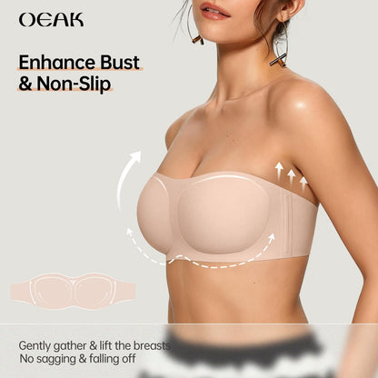 Women's Strapless Push Up Bandeau Bra – Wireless, Padded & Non-Slip